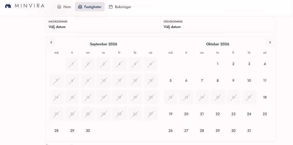 Minvira kalendervy: lediga och bokade datum för september och oktober